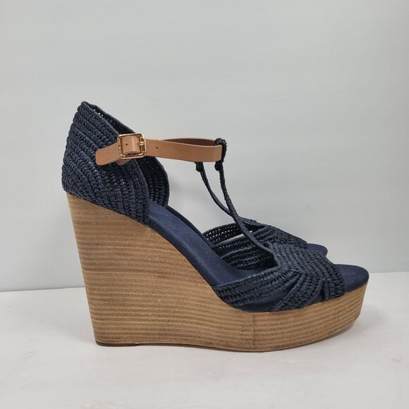 Tory Burch Carina Women's Navy Blue Straw Wedge Sandals 21138607 US Size 11M - Picture 1 of 10